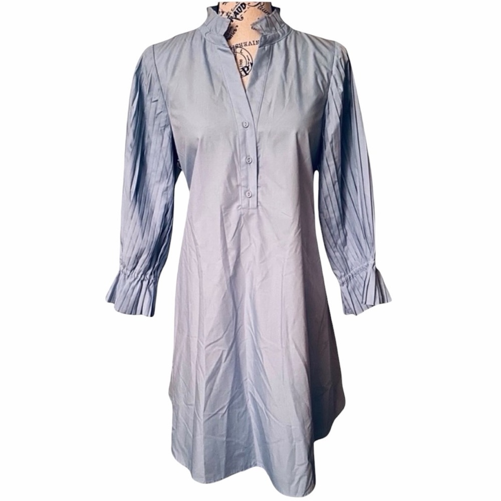 THML Mini Swing Dress Small Icy Baby Blue Poplin Pleated 3/4 Sleeve A Line NWOT - Picture 2 of 15